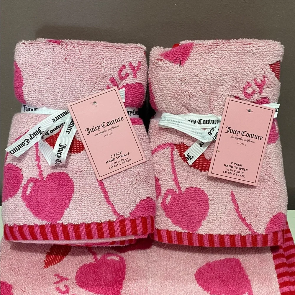 Juicy Couture Double Sided Pink Heart Cherry Bath and Hand Towels Bath Set 6 Pcs